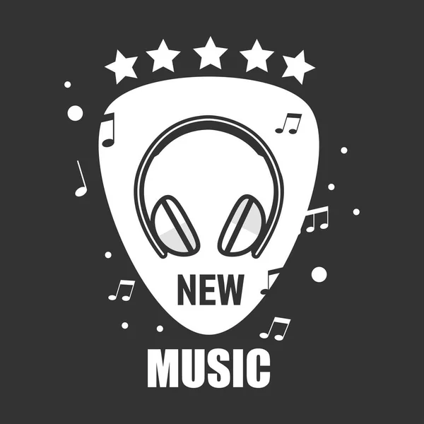 Nya Musik Promotion Emblem Med Moderna Hörlurar Musik Noter Och — Stock vektor