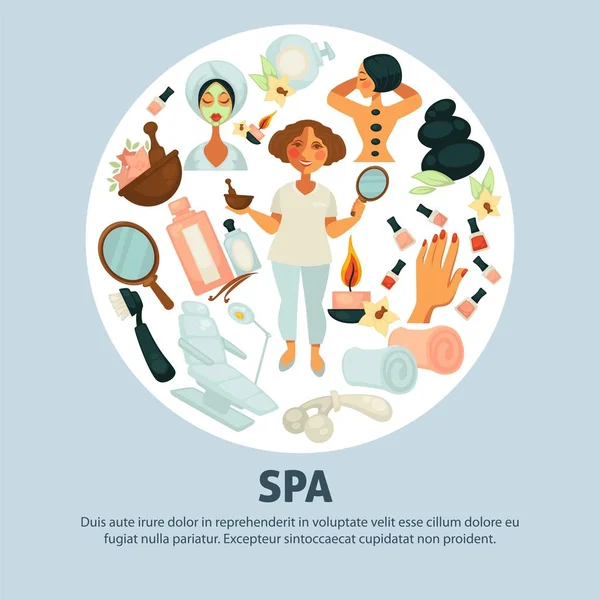 Procédures Spa Affiche Promotionnelle Avec Esthéticienne Clients Massage Aux Pierres — Image vectorielle