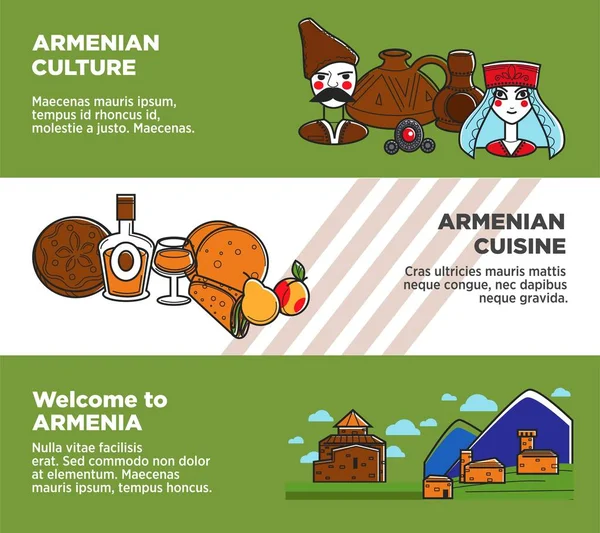 Bem Vindo Armenia Banners Promocionais Com Cultura Autêntica Cozinha Trajes —  Vetores de Stock