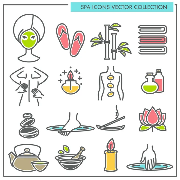 Procedimientos Spa Servicios Iconos Temáticos Técnicas Masajes Exóticos Medios Cosméticos — Vector de stock