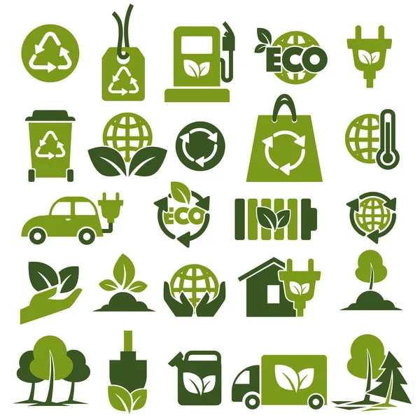 Environment Protection Recycling Themed Small Green Icons Set Ecological Energy — Stock Vector