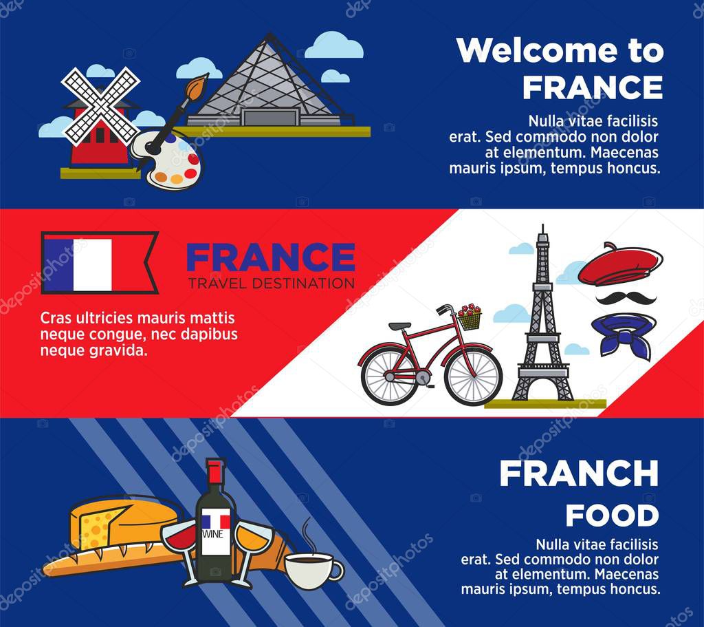 France travel destination advertisement banners with unique architecture and food. Exquisite French products, national symbols and famous buildings cartoon vector illustrations on promo posters.
