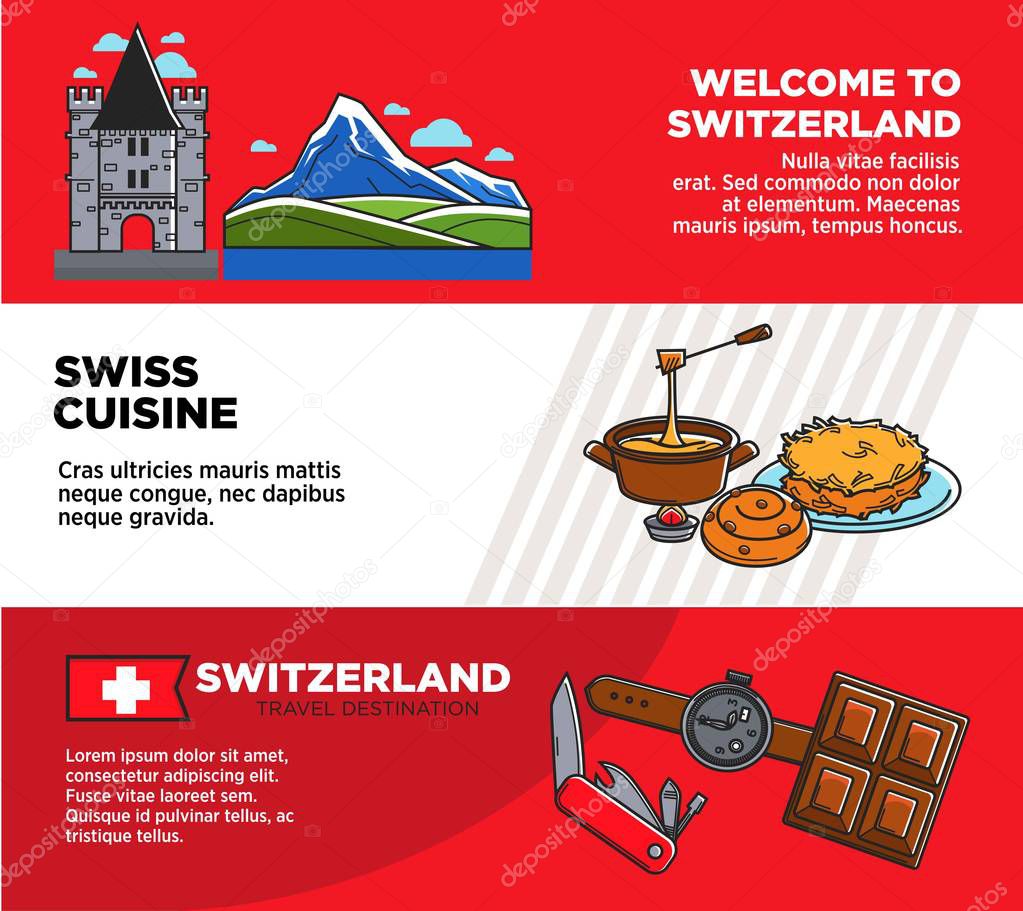 Welcome to Switzerland promotional travel company banners set. Picturesque nature, unic architecture, delicious cuisine and country symbols cartoon vector illustrations on commercial posters.