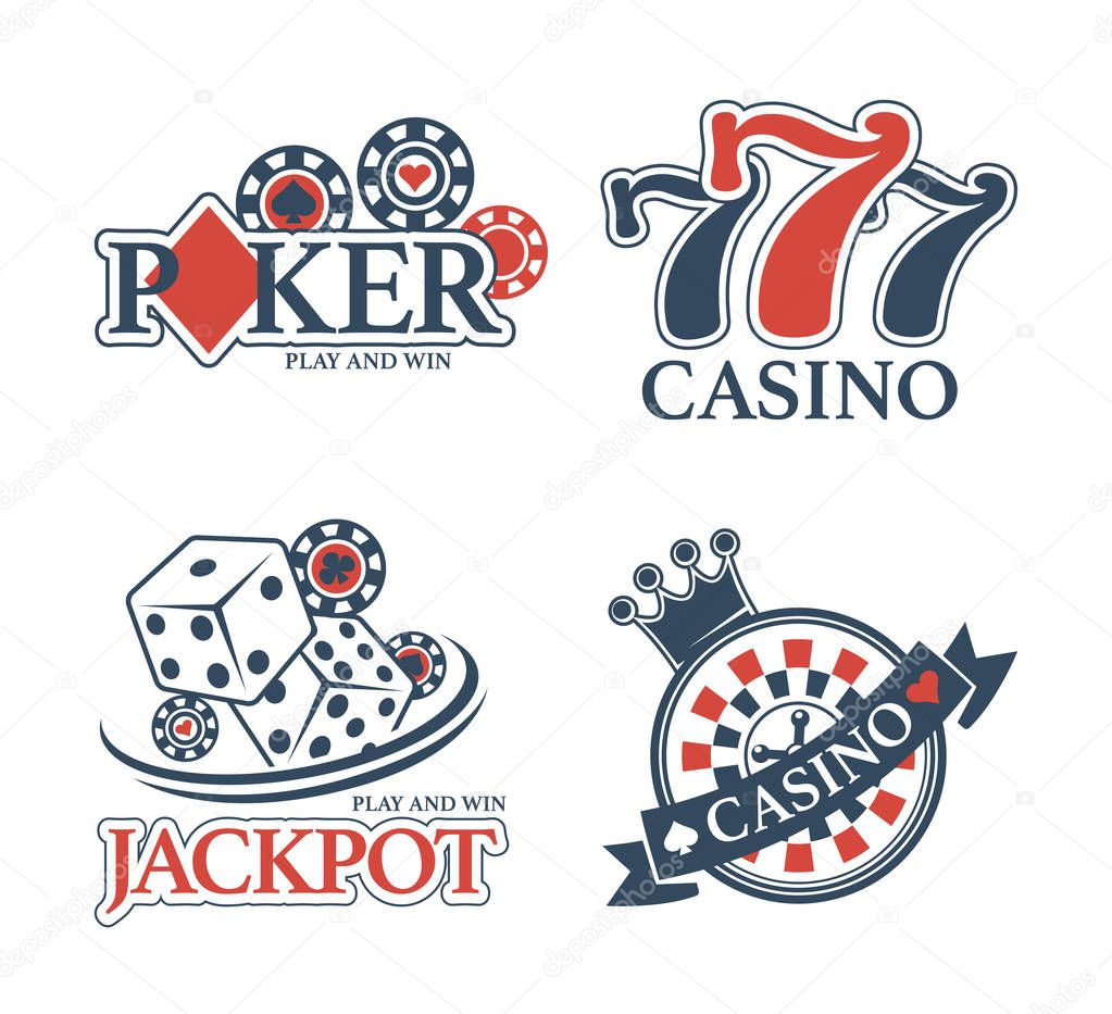 Casino Jackpot and poker club isolated promotional emblems set. Chips for stakes, win combination of sevens, small dice and roulette wheel cartoon flat vector illustrations on white background.