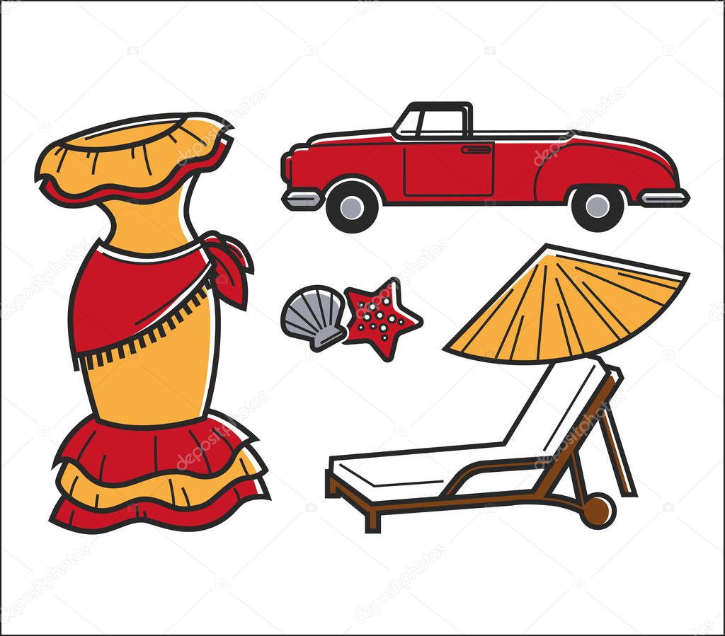 Cuba traditional bright national symbols set. Dress for flamenco, vintage roofless car, seashell with starfish and comfortable deck chair under umbrella isolated cartoon flat vector illustrations.