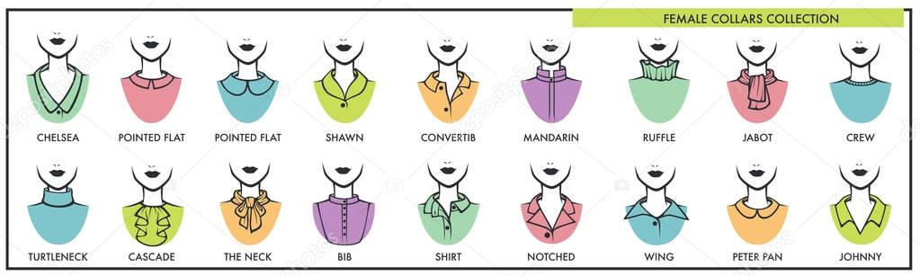 Female collars for all kinds of tops collection with names. Womens fashion elements for casual and festive occasions. Classic and modern clothes design isolated cartoon flat vector illustrations set.