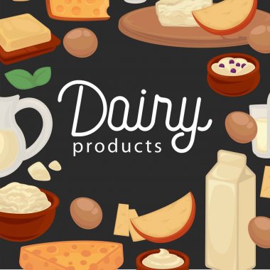 Lezzetli doğal sağlıklı süt ürünleri posteri. Lezzetli peynir, yumuşak tereyağı, taze lor, süt sürüsü, kefir ve tavuk yumurta karikatür vektör çizimler ticari afiş sürahi.