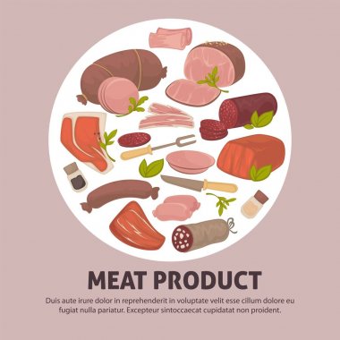 Organik lezzetli çiğ taze et ürün reklam banner. Şişko domuz, ihale Dana, lezzetli sığır eti, haşlanmış ve tütsülenmiş sosis çizgi film posteri yuvarlağına düz vektör çizimler.