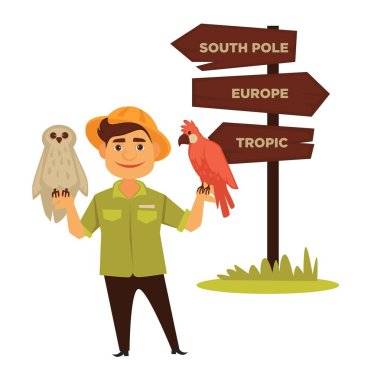 Hayvanat Bahçesi işçi parlak papağan ve Güney Kutbu, Avrupa ve Tropic hayvanlardan izole karikatür düz vektör çizim yerleştirileceği yeri gösterir beyaz baykuş standları temiz ahşap yön işaretçi ile şapkalı.