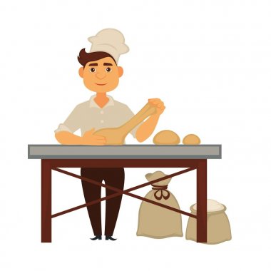 Genç baker hamur kneads ve yapar ekmek loafs. Fırın ürünleri ve buğday unu izole karikatür düz vektör çizim beyaz zemin üzerine dolu çuvallar yakınındaki standları tek tip çalışmak çocukta.