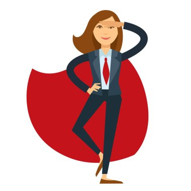 İşkadını kırmızı kravat ve pelerin ile takım elbiseli ileri gözlerinin üzerine el ile görünüyor. Cesur pozisyon izole karikatür düz vektör çizim beyaz arka plan üzerinde office giysili modern süper kadın.