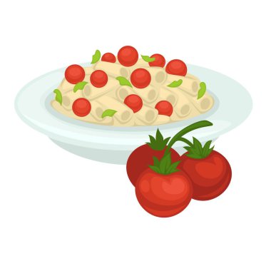 Lezzetli İtalyan pasta plaka üzerinde tüm kiraz domates ile. Makarna zor sıralama ve organik olgun sulu sebze izole karikatür düz vektör çizim beyaz arka plan üzerinde Besleyici yemek.