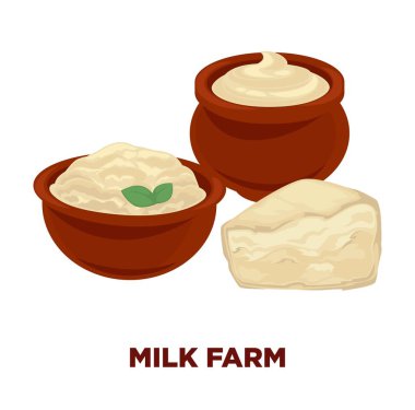 Süt çiftliği reklam banner sour cream toprak kap içinde derin kase ve brynza üçgen parça süzme peynir ile. Lezzetli sağlıklı süt ürünleri izole karikatür düz vektör çizim.