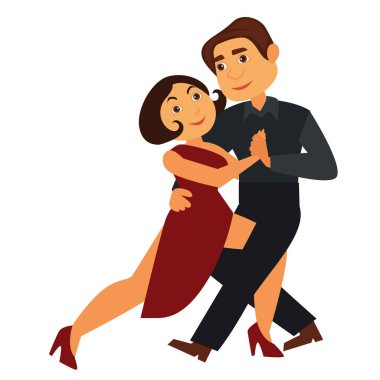 Tutkulu tango dansçı geleneksel giysiler içinde poz tutun. Kadın kırmızı elbise ve stiletto ile siyah tişörtlü adam ayakkabı ve izole karikatür düz vektör çizim beyaz arka plan üzerinde pantolon.