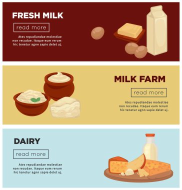 Süt ürünleri Internet posterler ve çiftlik taze süt ayarlayın. Karton paketi, yumuşak tereyağı, taze yumurta, ekşi krema, sağlıklı lor ve lezzetli peynir web afiş üzerinde kase çizimler vektör.