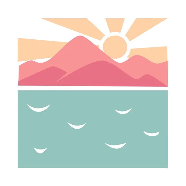 壮观的风景与海和山在日落 粉红色的坐骑和蓝色平静的水面和明亮的闪亮的阳光孤立广场卡通平面矢量图白色背景 — 图库矢量图片