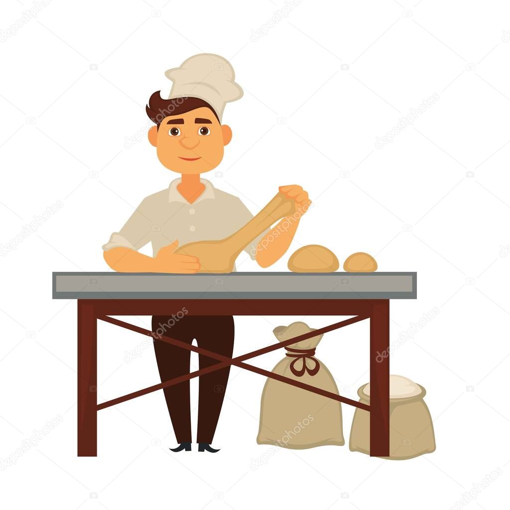 Young baker kneads dough and makes bread loafs. Boy in uniform work with bakery products and stands near sacks full of wheat flour isolated cartoon flat vector illustration on white background.