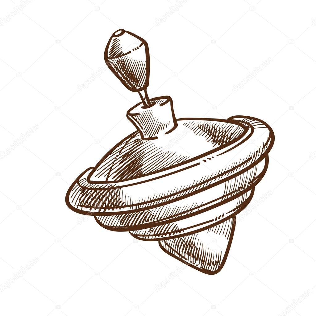 Whirligig toy for children with rhombic shape and convenient handle. Object for kids entertainment that turns over very fast isolated sketchy monochrome vector illustration on white background.