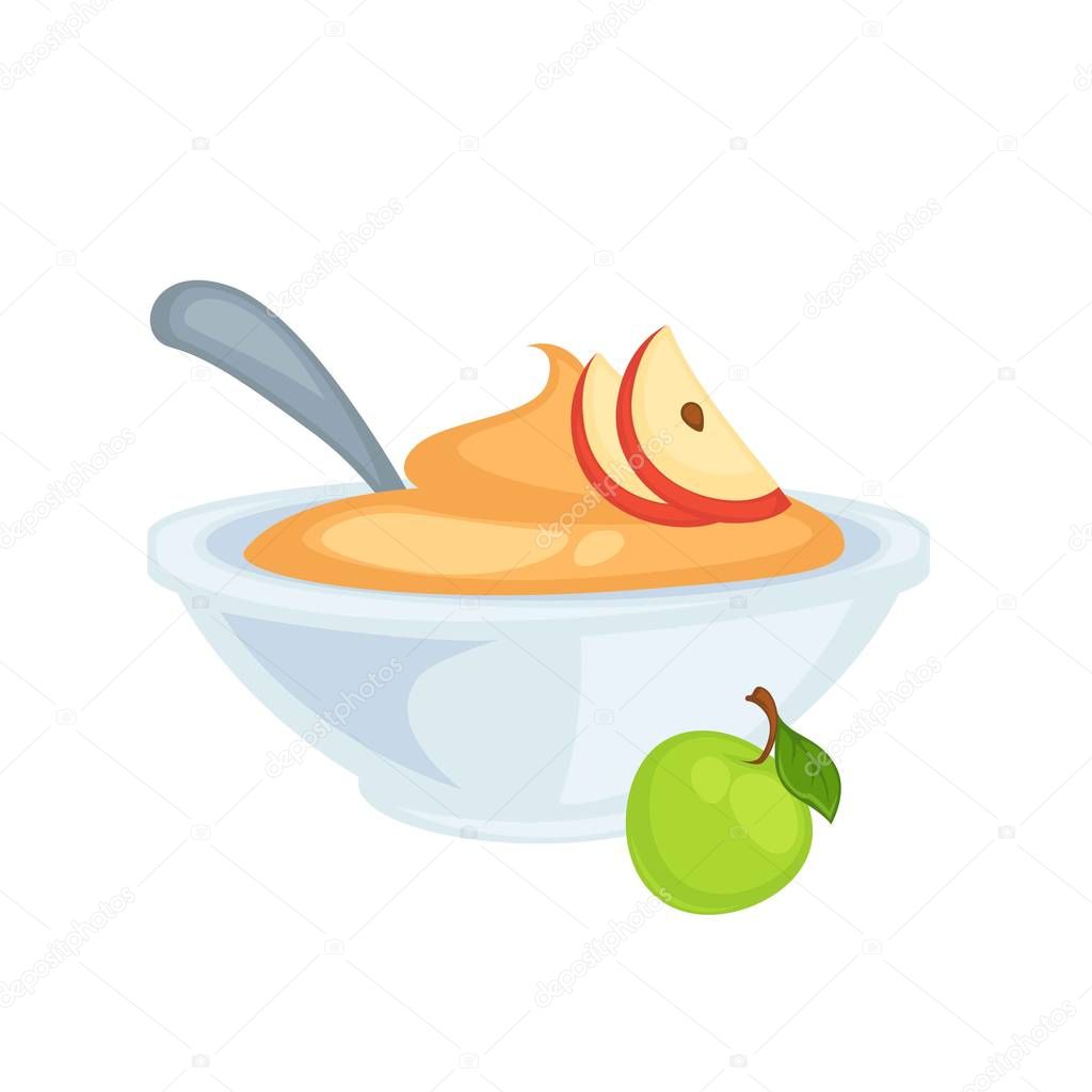 Sweet delicious applesauce in deep bowl with spoon. Puree made of fruit with thin slices as decoration. Sugarless healthy dessert isolated cartoon flat vector illustration on white background.