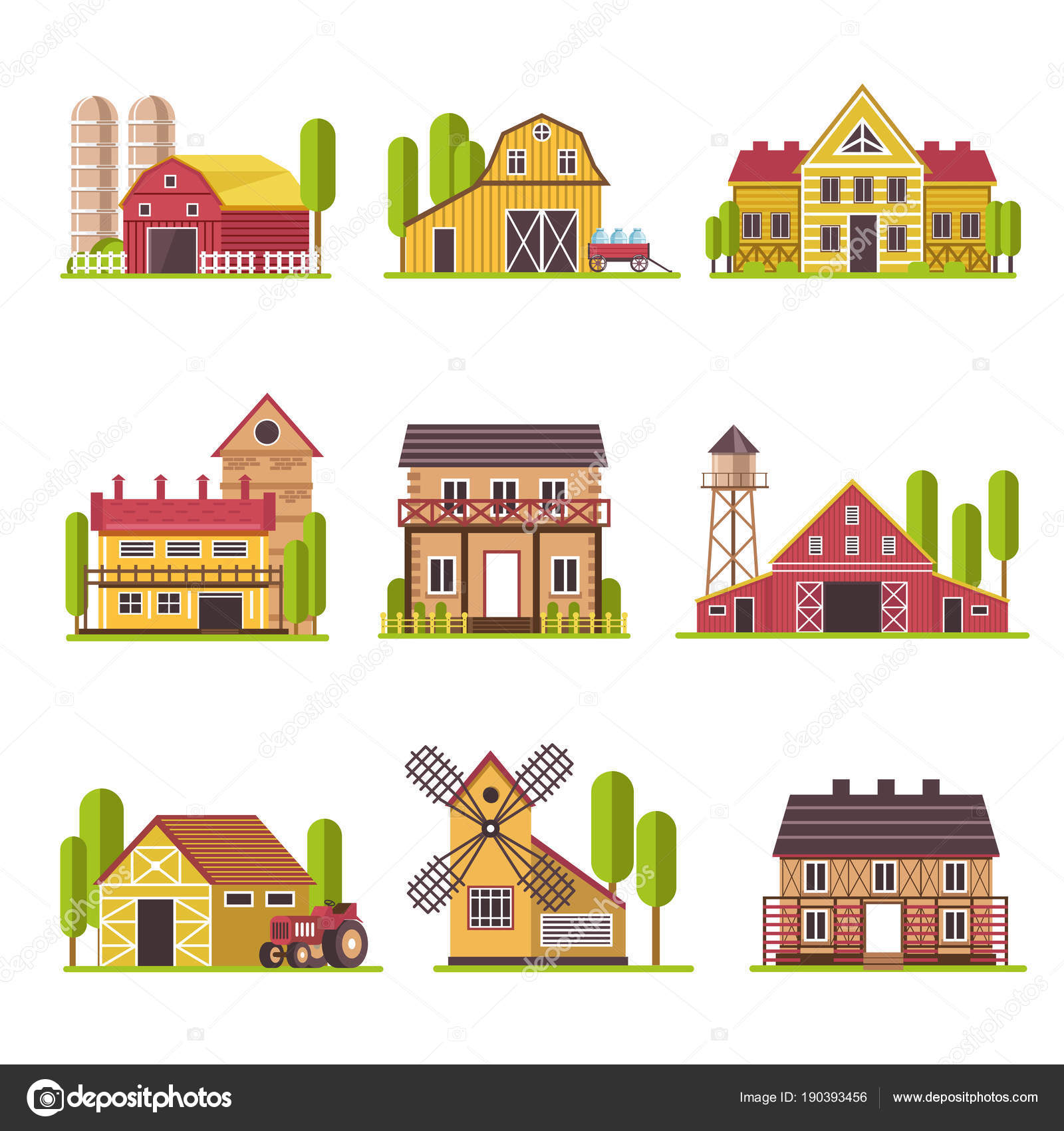 Casa Fazenda Com Grão Forragem Celeiro Curral Gado Conjunto Design Vetor de  ©Sonulkaster 190393456, image size:1600x1700