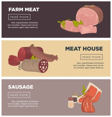 Sosis ve kasaplık Şarküteri et ürünleri afiş. Vektör salam veya döş ve cervelat, sucuklu veya karaciğer sosis, domuz eti sığır eti veya fileto biftek ve jambon pastırma et ev tasarımı için