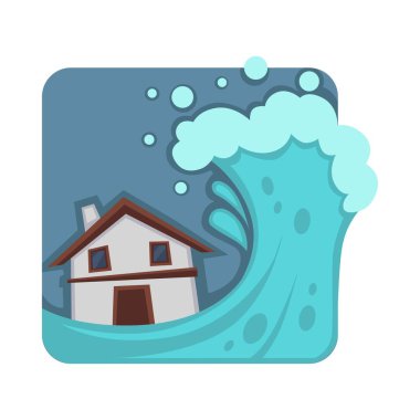 Güçlü tsunami kapsayan ve küçük ev yok eder. Bina kalıntıları dev bir dalga. Okyanus suları izole karikatür vektör çizim beyaz arka plan üzerinde kare şekli nedeniyle doğal afet.