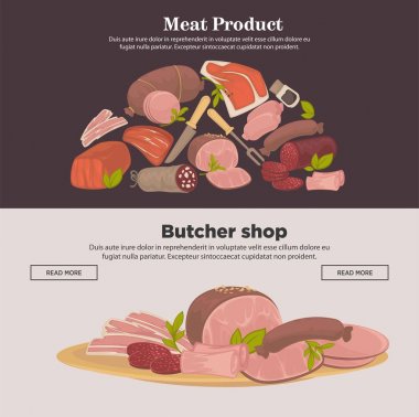 Et ürünleri çiftlik et Şarküteri ve sosis afiş web. Vektör cervelat, sucuklu veya karaciğer sosis, domuz eti sığır eti veya fileto biftek ve göğüs eti, salam filan pastırma kasap dükkanı tasarımı için