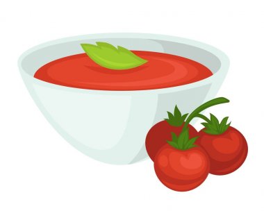 Domates çorbası sebzeli sebze yemekler. Vektör izole düz domates yemek yemek veya simgesini sağlıklı diyet Vejetaryen ve vegan mutfak