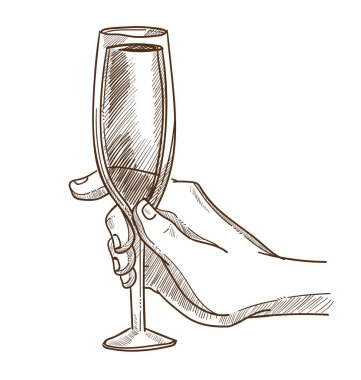 Şampanya insan eli tek renkli kroki. Alkol dolu cam iç güçlü erkek avucunda. Lezzetli köpüklü şarap izole karikatür düz vektör çizim beyaz arka plan üzerinde.