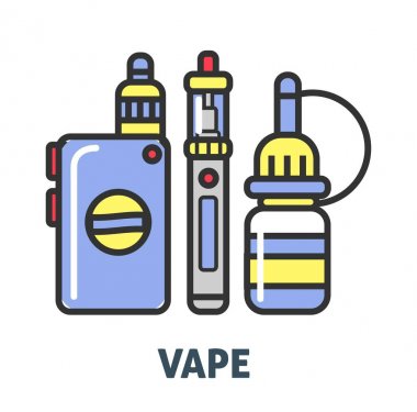 Vape ve sıvı madde ile lezzet elektrik ücretleri aygıt Dolum ve Buhar izole karikatür düz vektör çizim beyaz arka plan üzerinde duman için alternatif bir yol olarak üretmek için.