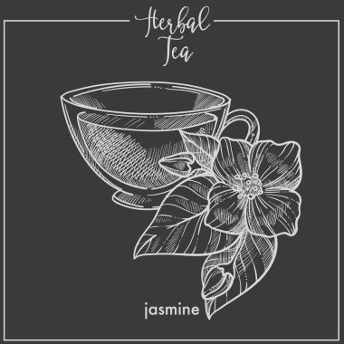 Bitki çayı kokulu Yasemin cam Kupası ile. Lezzetli sağlıklı sıcak içecek doğal bitki ile hoş bir tadı ve kokusu izole yapılmış karikatür düz tek renkli vektör çizim siyah arka plan üzerine.
