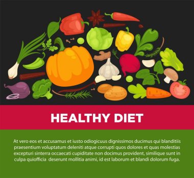 Organik sebze gıda afiş arka plan şablonu diyet vejetaryen yemek veya vegan diyet. Vektör sebze ve çiftlik sebzeler turp, domates ve biber veya marul salatası ve karnabahar lahana