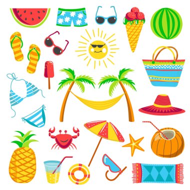 Yaz seyahat ve tatil tatil düz simgeler. Palm beach, güneş gözlüğü ve şapka veya kokteyller, tropikal meyve ve deniz yıldızı veya şnorkel maskesi ve mayo hamak izole vektör kümesi