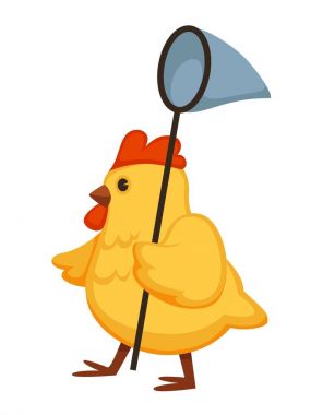 Sarı tüylü tavuk ısırgan ile uzun sopa üzerinde yürür. Tombul yerli kuş kelebekler yakalamak için gider. Küçük Gaga izole karikatür düz vektör çizim üzerinde beyaz ile tombul tavuk