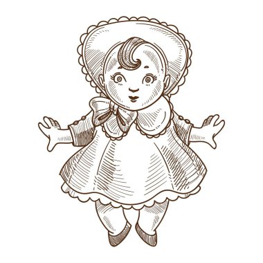 Bebek retro oyuncak robot resim simgesi. Vektör elle çizilmiş vintage çizgi film kız bebek karakteri elbise ve şapka çocuk masal kitabı veya tebrik kartı tasarımı için izole
