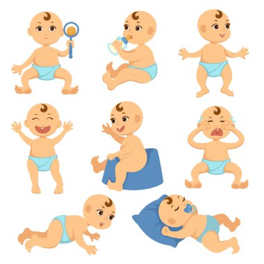 Bebek toddler vektör düz karakter. Çocuk ya da kız bebek ya da şirin çocuk yürümeye başlayan çocuk bezi toddling ya da uyku ve tuvalet yapma emzik ile ağlıyor beanbag ile oynarken içinde izole düz çizgi film ayarla