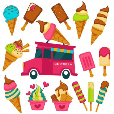 Dondurma kaşık toz gofret koniler ve tatlılar satıcı Van'da karikatür simgeleri sepeti. Vektör meyve ve meyve lezzet gelato, çikolatalı dondurma eskimo veya sorbe gelateria kafe için kalp karamel sır ile