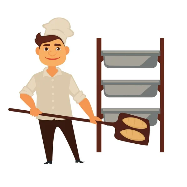 Baker man in bakery shop baking bread. Vector isolated profession people icon of baker at work with spatula putting bread on shelf