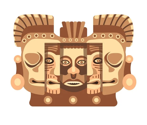 原住民の顔をしたマヤ文化のトーテム木彫 白地族住民ヘッド分離漫画フラット ベクトル イラストという形で古代文化の古い遺物 — ストックベクタ
