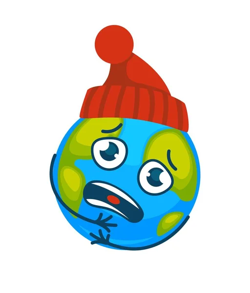 Tierra Sombrero Punto Sufre Frialdad Fuerte Con Cara Triste Planeta — Vector de stock