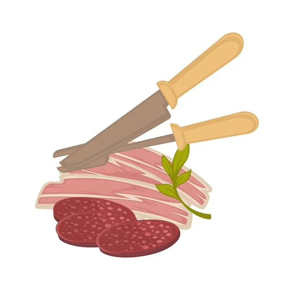 肉のベーコンとソーセージのフラット アイコン ベクトル屠肉バーベキュー肉またはペパロニ ソーセージ デリカテッセンしこりや料理のレシピやグルメ料理の屠刃物でスライス店舗デザイン — ストックベクタ