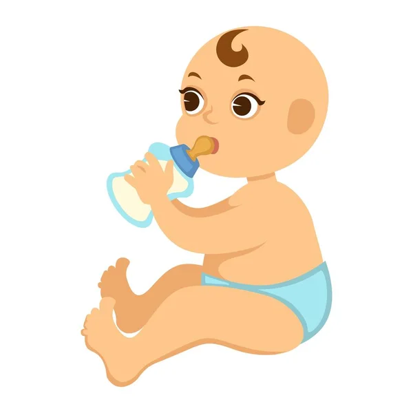 小男孩在蓝色尿布喝新鲜的牛奶从玻璃瓶与奶嘴 可爱的小孩子与时机吃液体乳制品分离卡通平面矢量图白色 — 图库矢量图片