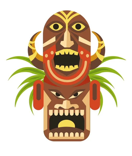 Máscara Ritual Antiga Com Rostos Chifres Irritados Cultura Maia Relíquia —  Vetores de Stock