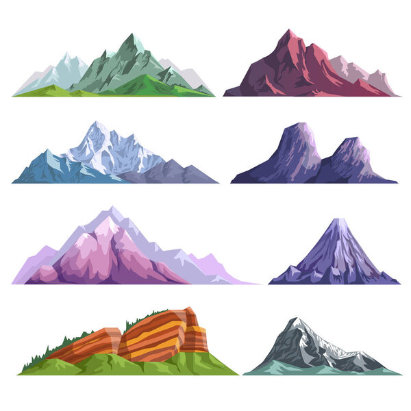 Mountain nature flat isolated icons. Vector set of alpine mountain rocks, mount peaks in snow or rocky canyons in sky clouds for mountain landscape