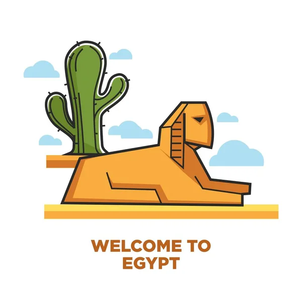 Welcome Egypt Promotional Poster Sphinx Cactus Famous Mysterious Architectural Building — Stock Vector