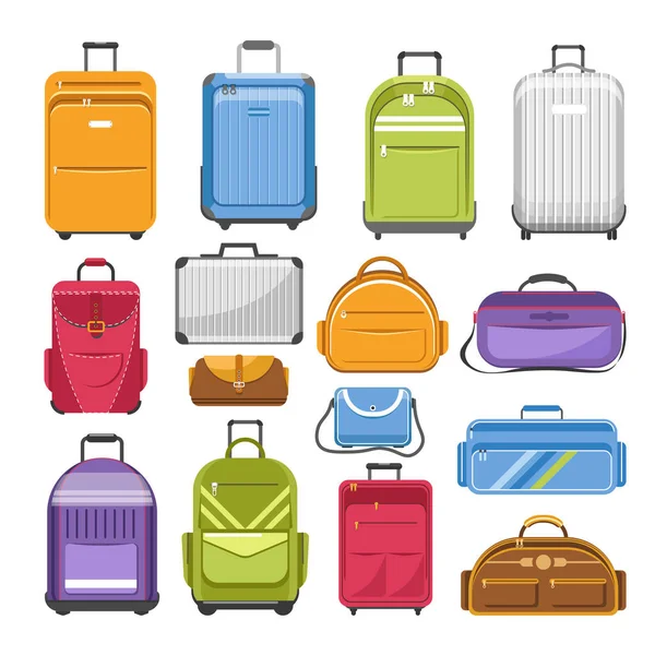 Çantalar farklı model seyahat çantası, çanta veya sırt çantası ve okul sırt çantası ya da kadın moda çanta ve iş durum ya da çanta ve spor çanta yazın. Vektör karikatür düz izole Icons set