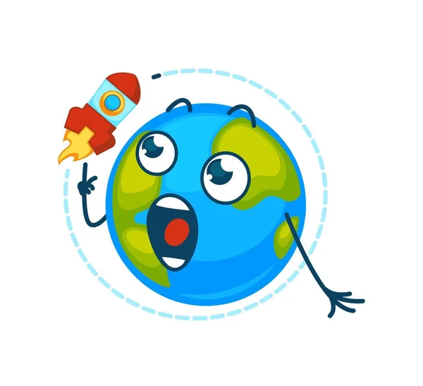 Earth Planet Cartoon Karakter Met Raket Baan Vector Geïsoleerde Wereldbolicoon — Stockvector