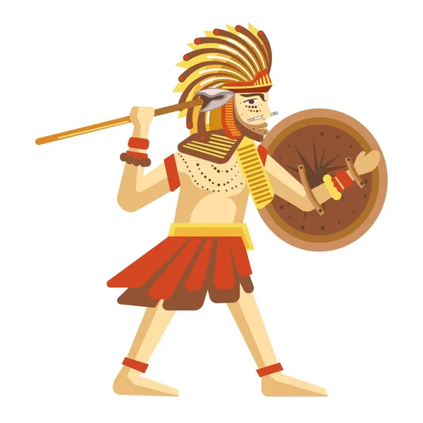 Chapeau Homme Plumes Avec Bouclier Rond Longue Lance Tribu Maya — Image vectorielle