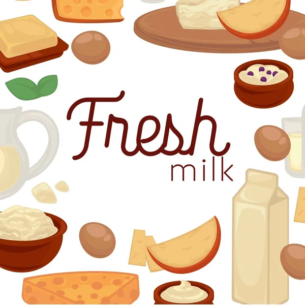 Süt Krema Veya Yoğurt Peynir Tereyağı Ile Süt Mandıra Ürünleri — Stok Vektör