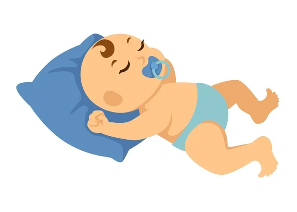 青いおむつ新生児男の子は 口の中でおしゃぶりを大きな柔らかい枕で眠る 巻き毛の前髪と小さな愛らしい子供は 白残り分離漫画フラット ベクトル図 — ストックベクタ